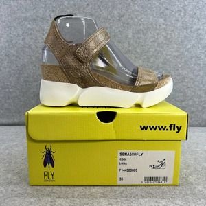 NEW W/TAGS/BOX FlyLondon Sena-Cool Luna- Platform Sandal Gold/Tan Leather-size36